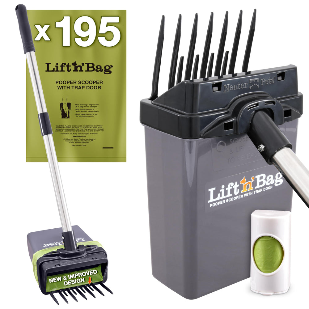 Lift N’ Bag en action ramasse crottes avec sac attaché pour nettoyage rapide.