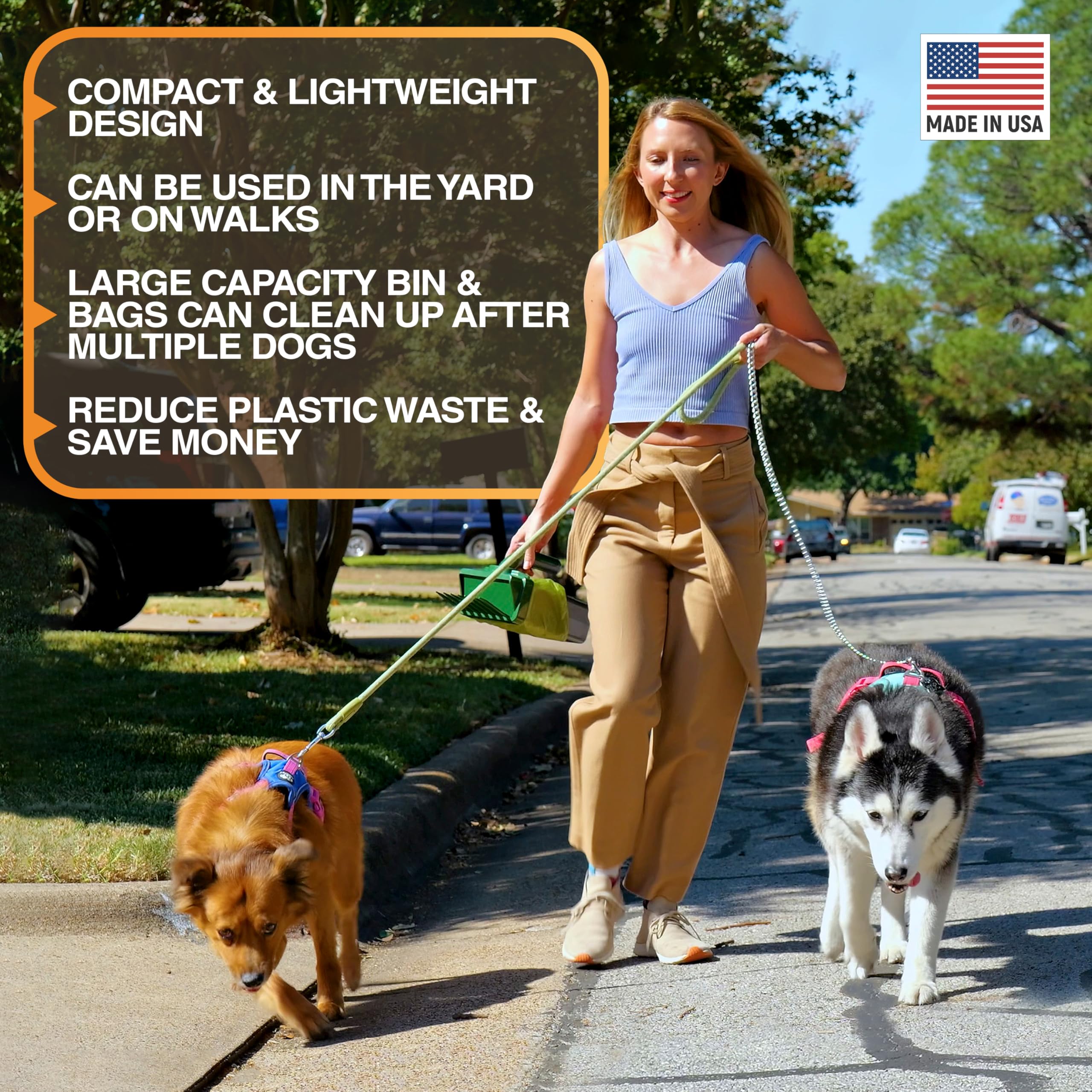 Lift N’ Bag de Neater Pet Brands, utilisation à une main pendant promenades et jardin.