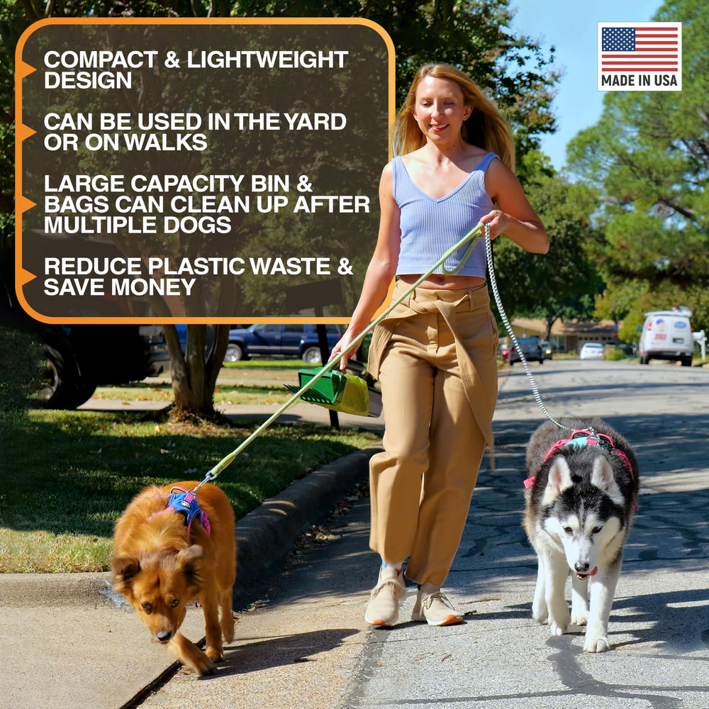 Lift N’ Bag de Neater Pet Brands, utilisation à une main pendant promenades et jardin.