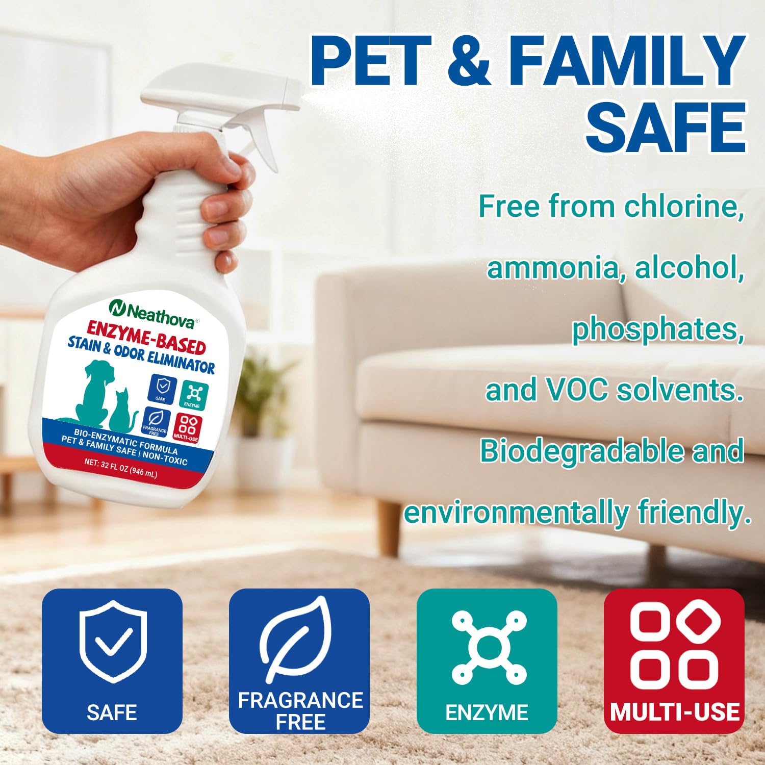 Neathova nettoyant pour espaces animaux: chats et chiens, lit et litière.