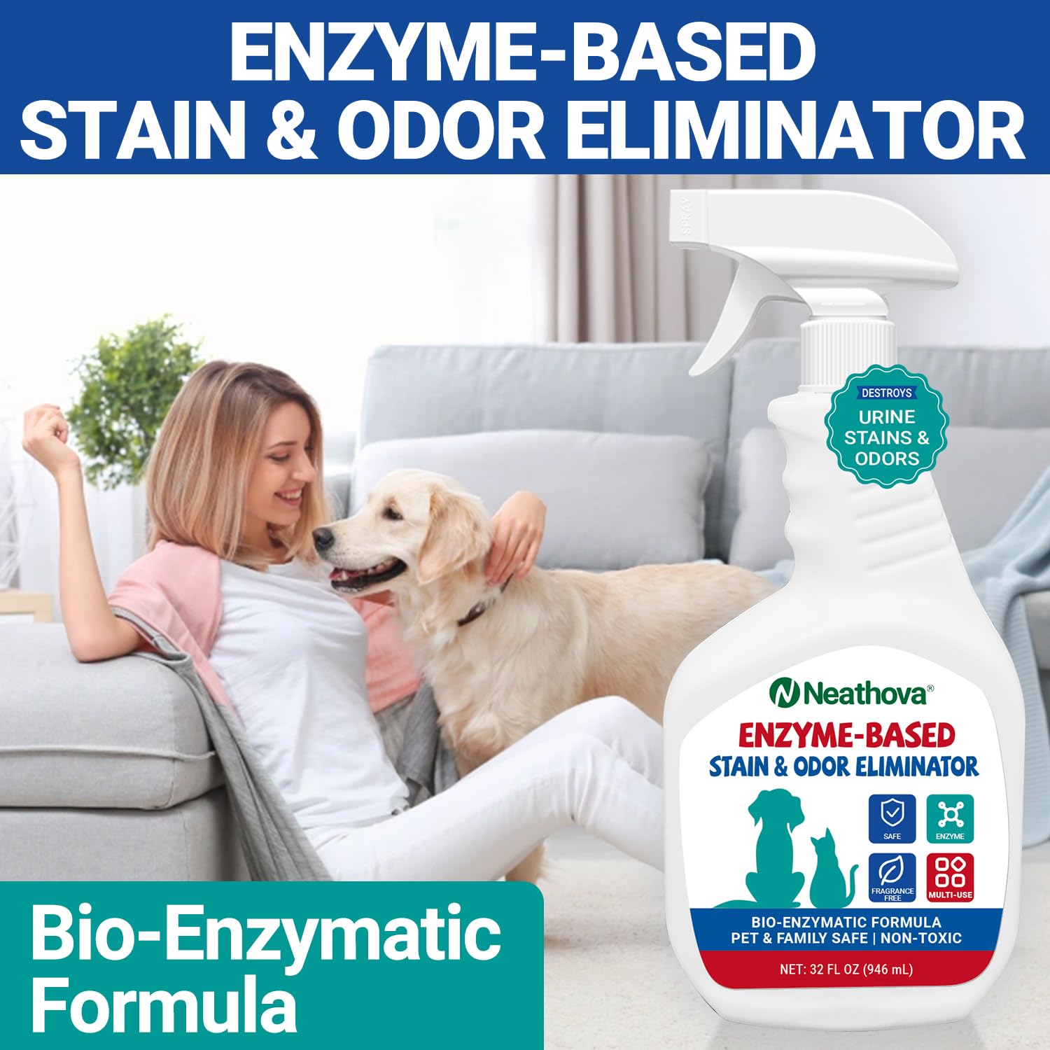 Pulverisateur Neathova nettoyant enzymatique pour taches et odeurs.