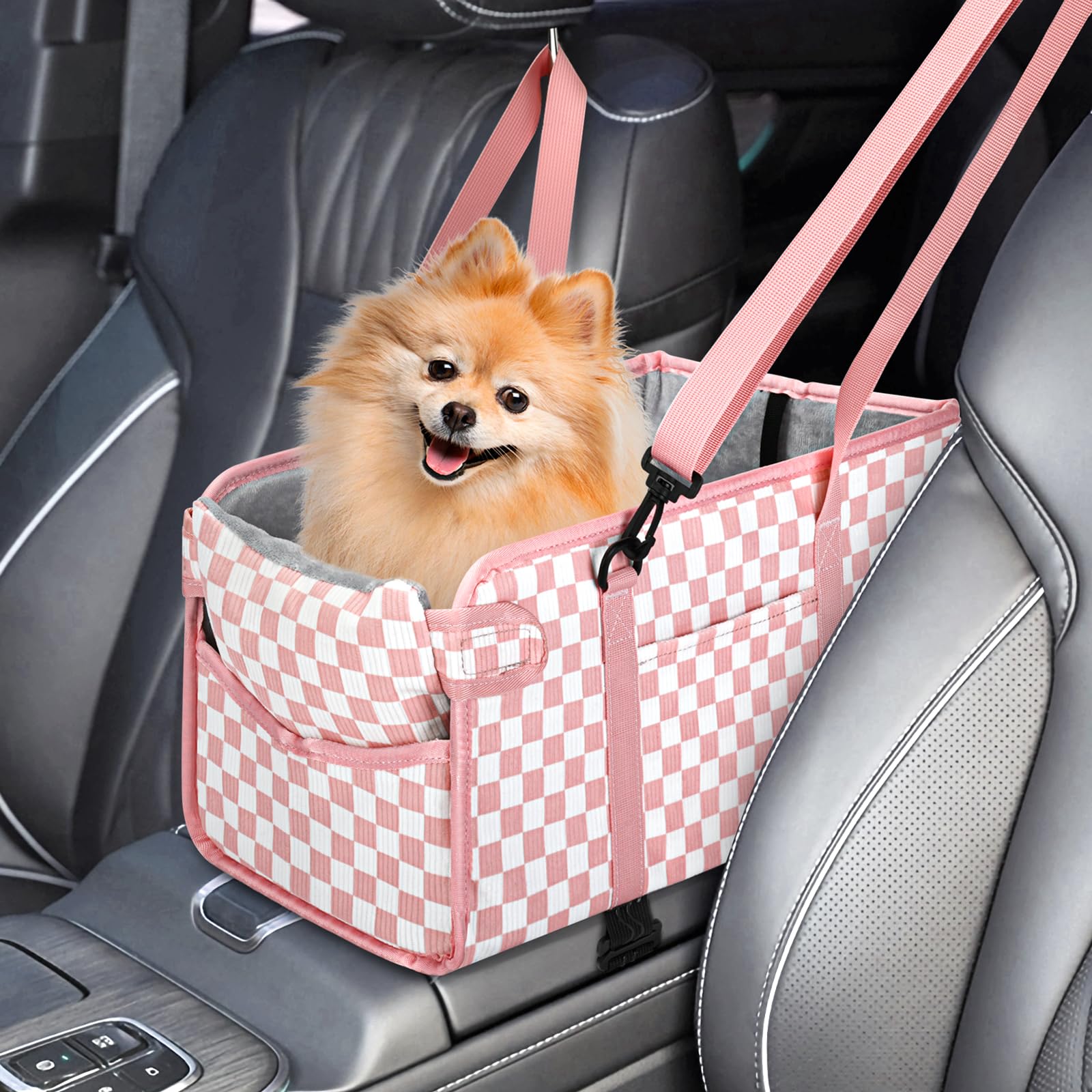 NECKORY siège-chien-console rose à carreaux, confort sûr lors des trajets en voiture.