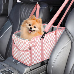 NECKORY siège-chien-console rose à carreaux, confort sûr lors des trajets en voiture.