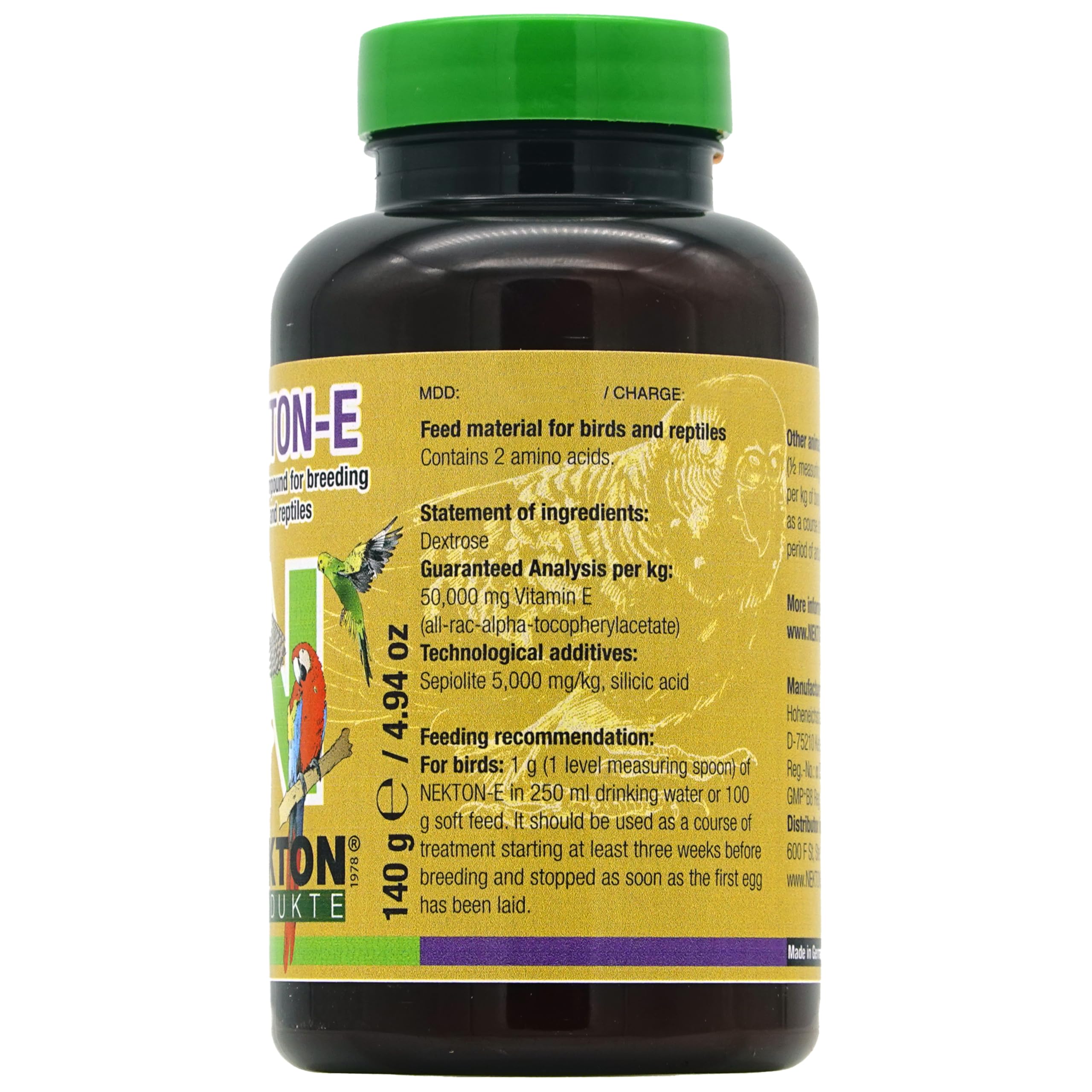 Nekton-E vitamine E pour oiseaux, cuillère-mesure pour dosage précis.