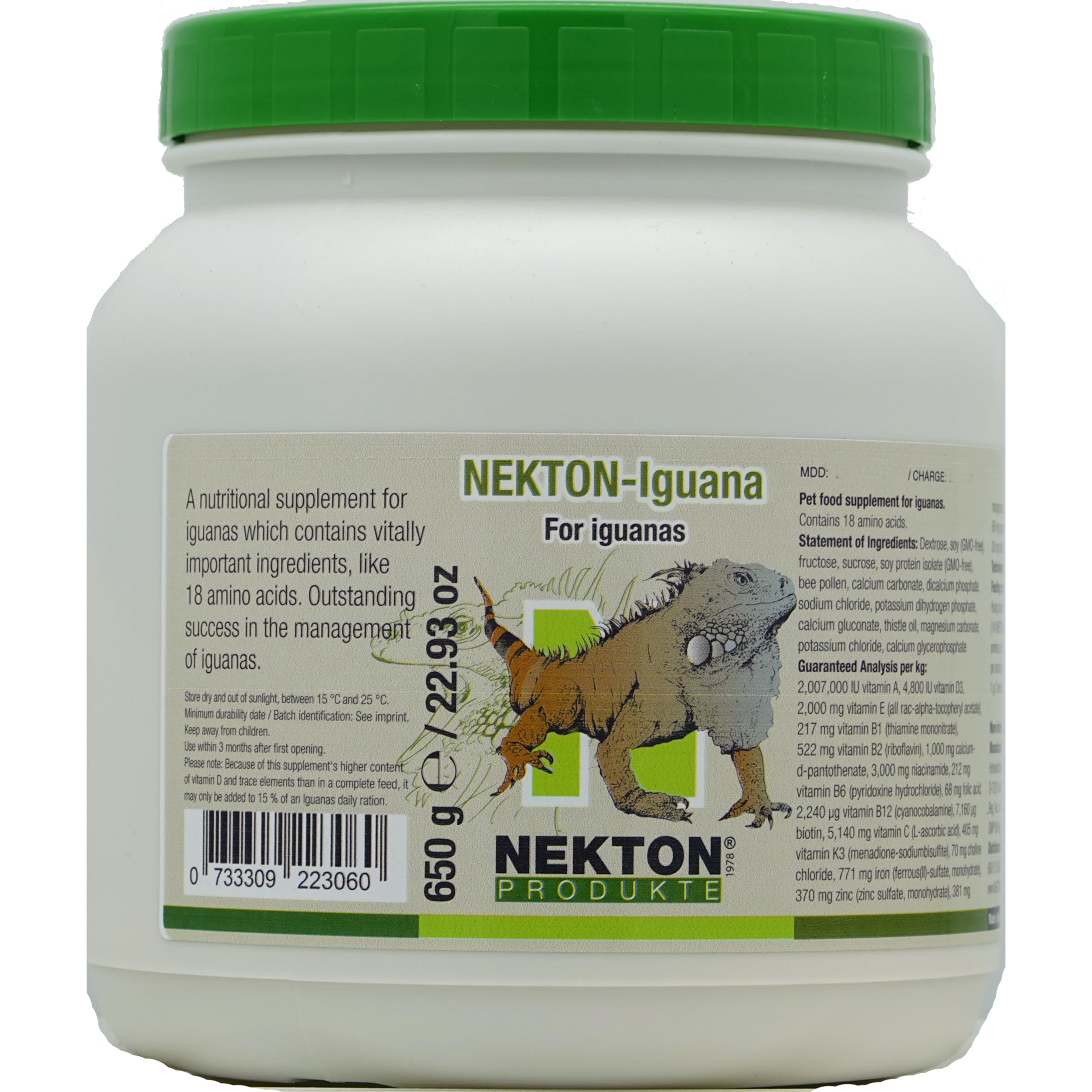 Nekton Iguana Vitamins – étiquette détaillée avec dosage simple et conseils d'utilisation.