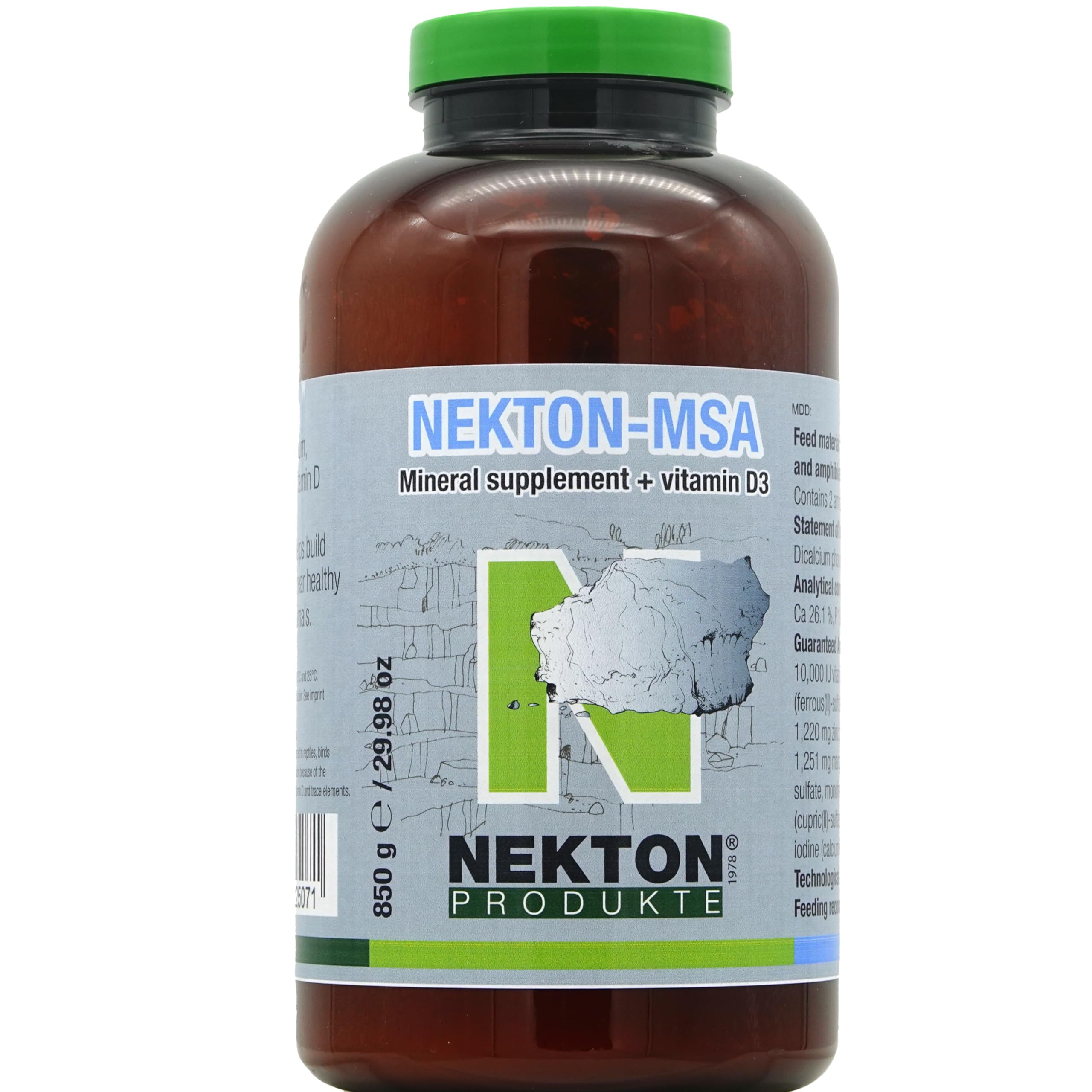 Nekton MSA bouteille 850g et emballage avant, pratique pour démarrer l'alimentation des oiseaux.