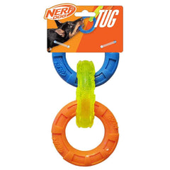 Nerf Dog 3-Ring Tug, anneaux colorés, parfait pour des jeux extérieurs et interactifs.