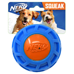 Nerf Dog 4in TPR EXO balle sifflement bleu orange, idéale pour le jeu d'apport