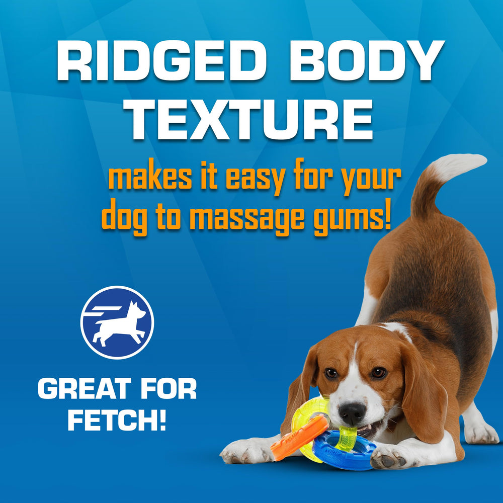 Nerf Dog 3-Ring Tug, texture ridée, masse les gencives pendant le jeu.