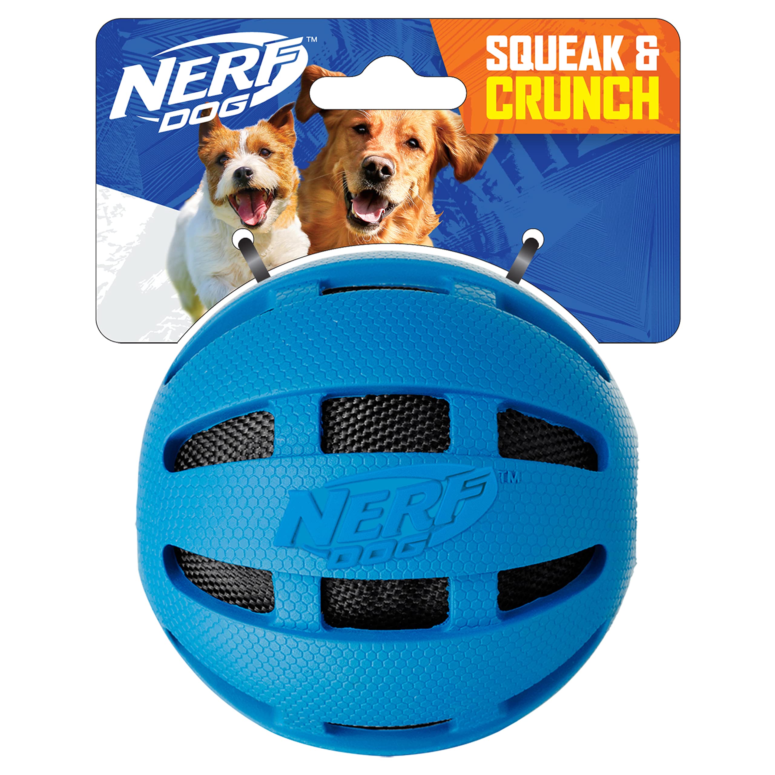 Nerf Dog balle caoutchouc siffante bleu, stimulation auditive pour chien actif.
