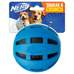 Nerf Dog balle caoutchouc siffante bleu, stimulation auditive pour chien actif.