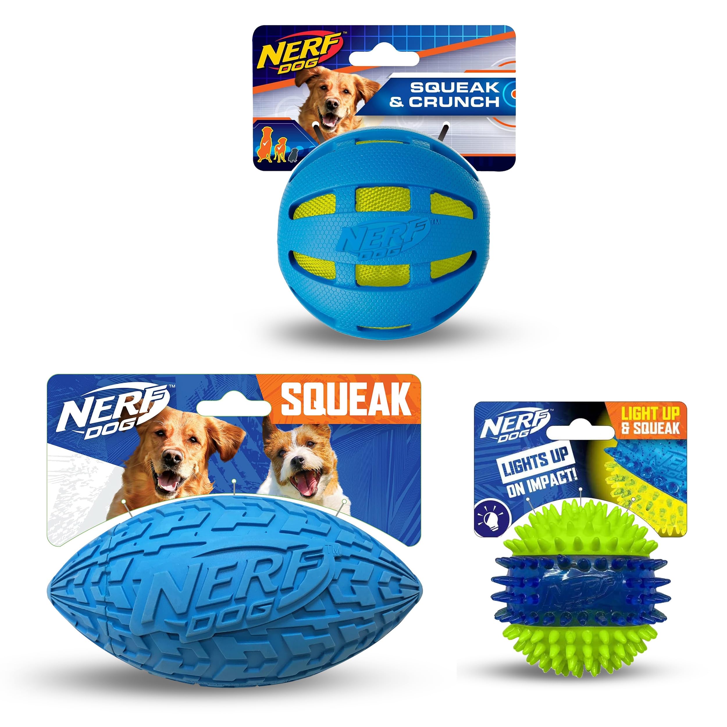 Nerf Dog Checker Crunch Ball, vue de face, facile à repérer pour la récupération.