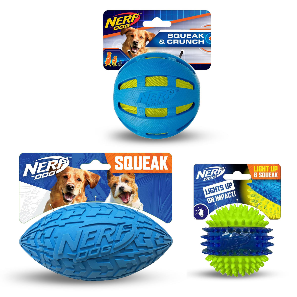 Nerf Dog Checker Crunch Ball, vue de face, facile à repérer pour la récupération.