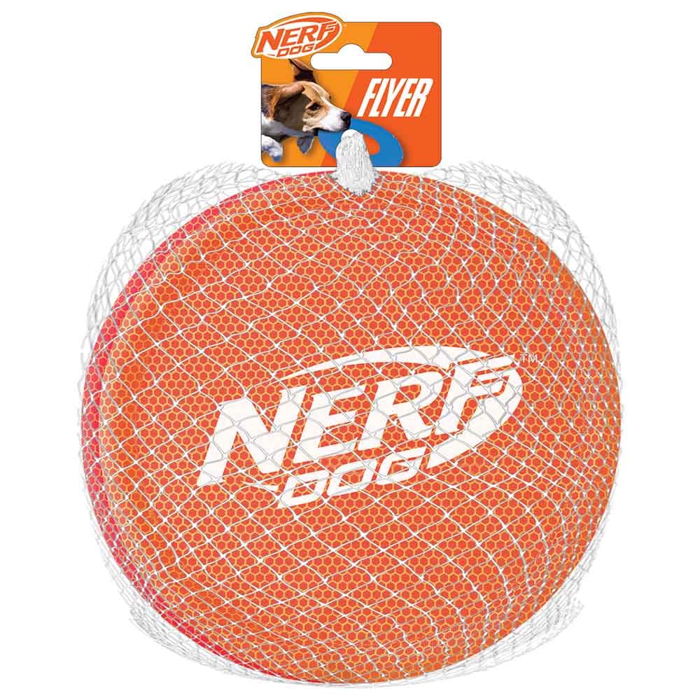 Nerf Dog Disque volant nylon orange, parfait pour le fetch en extérieur et la stabilité.