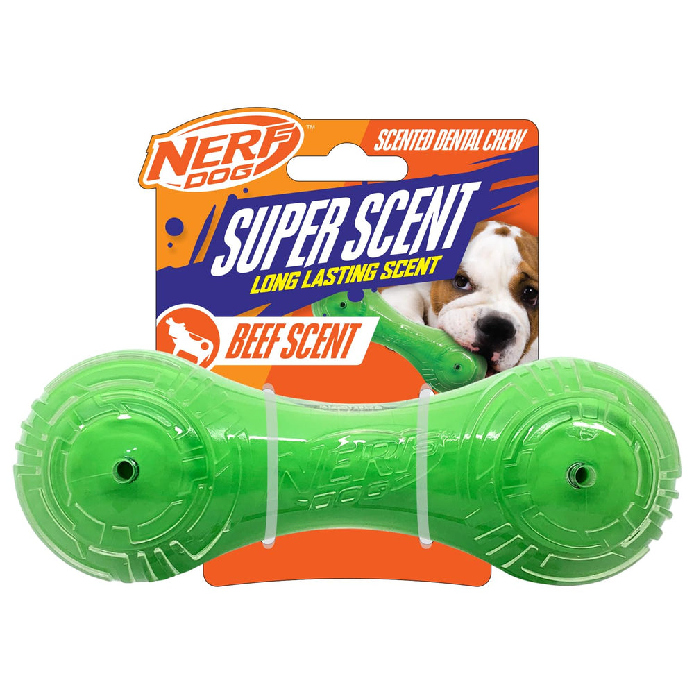 Jouet Nerf Dog haltère parfumé au boeuf, idéal pour le jeu interactif.