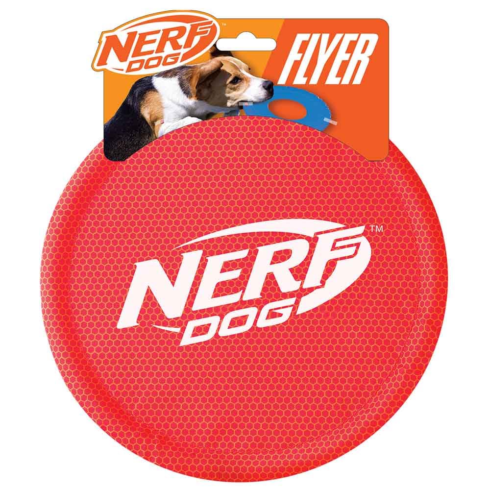 Nerf Dog Nylon Flyer en vol lors du lancer, idéal pour le fetch