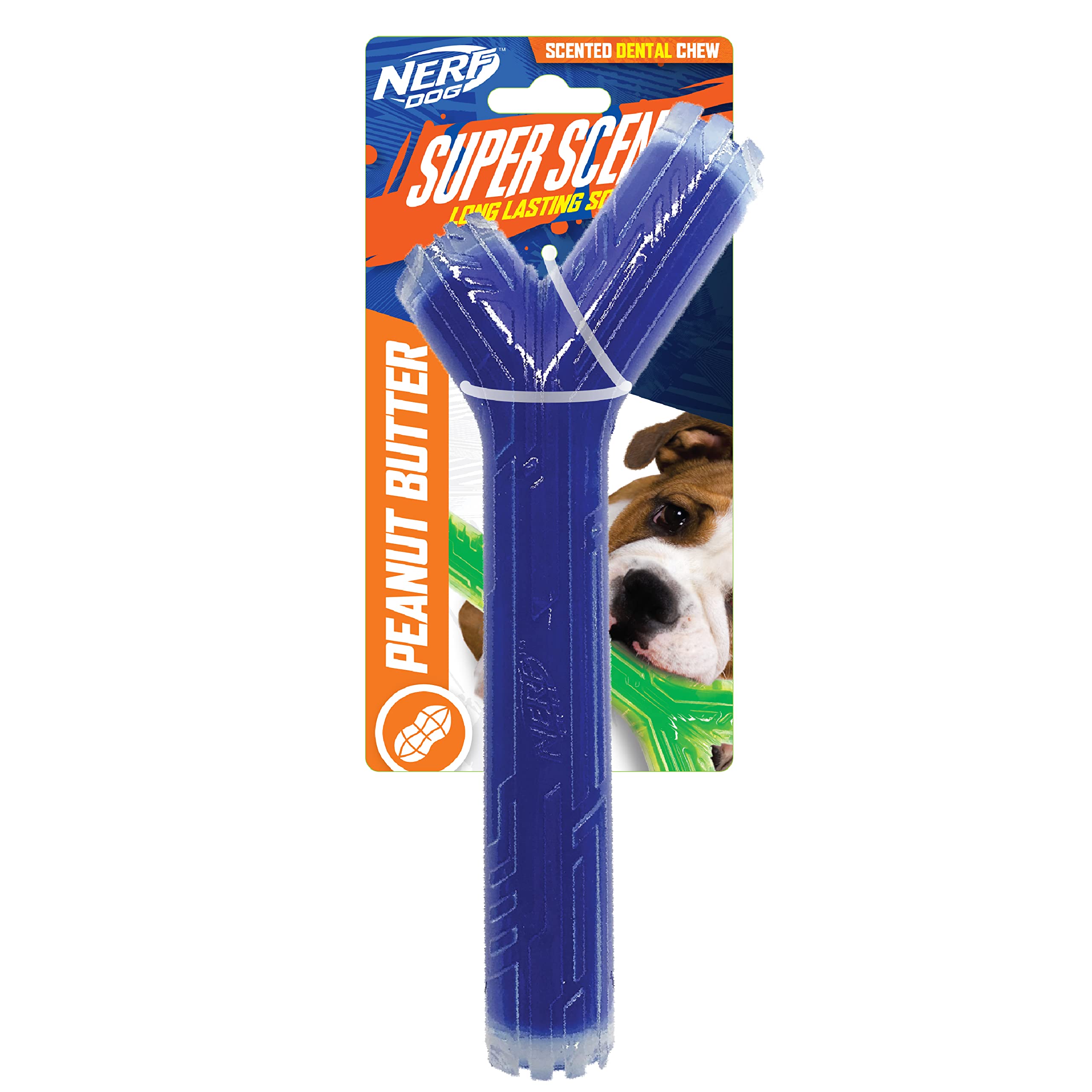 Nerf Dog Stick senteur beurre arachide, stimule le jeu interactif.