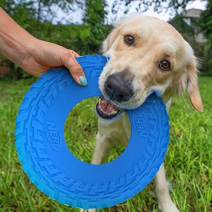 Disque volant Nerf Dog Tire Flyer bleu, durable pour de longues sessions de jeu.