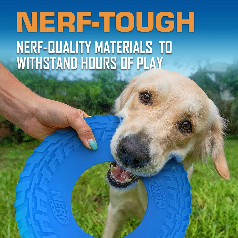 Nerf Dog Tire Flyer bleu, durable et conçu pour le jeu en extérieur.