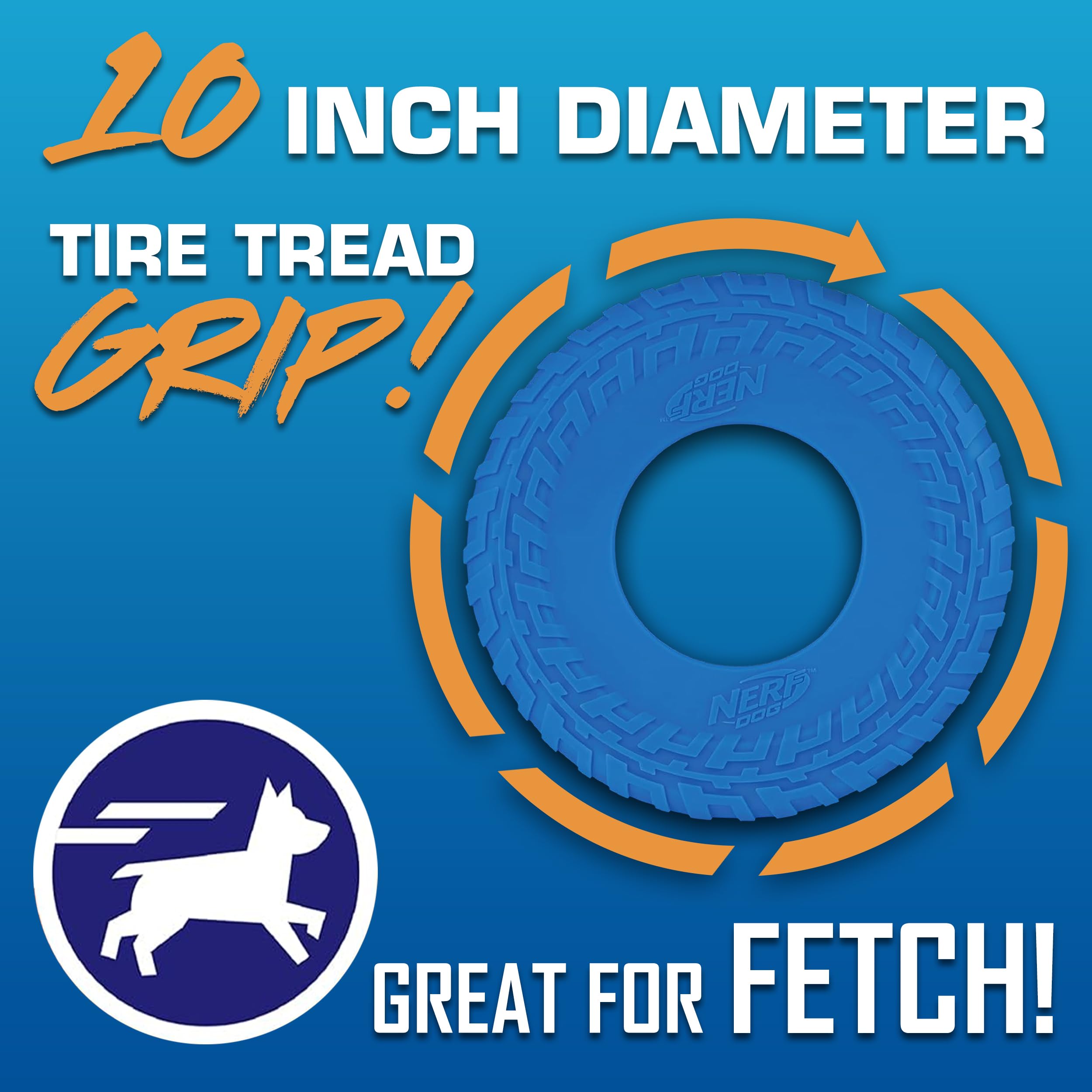 Nerf Dog Tire Flyer bleu flottant, idéal pour les jeux près de l’eau.