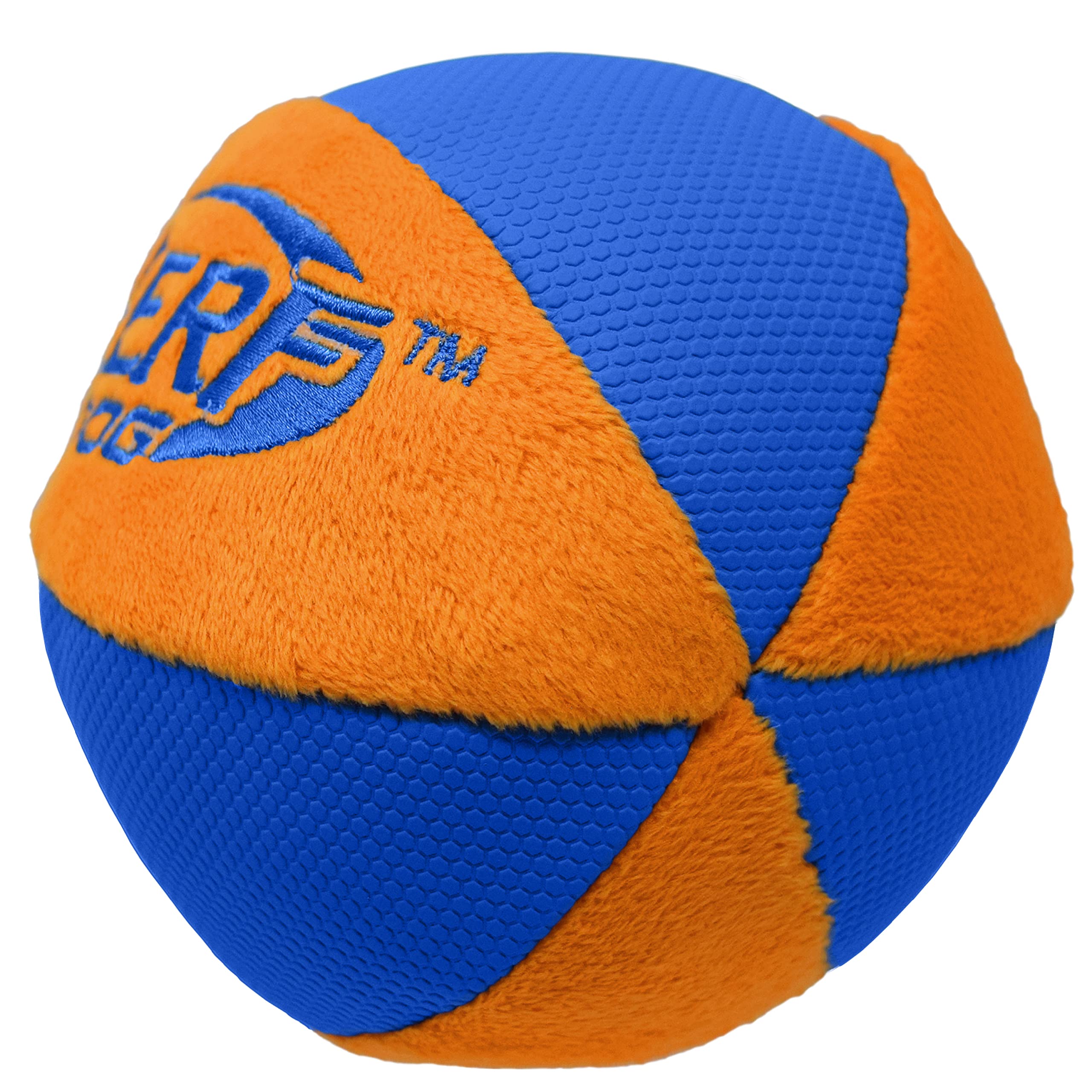 Balle Nerf Dog Trackshot bleu et orange, grande visibilité lors des lancers.