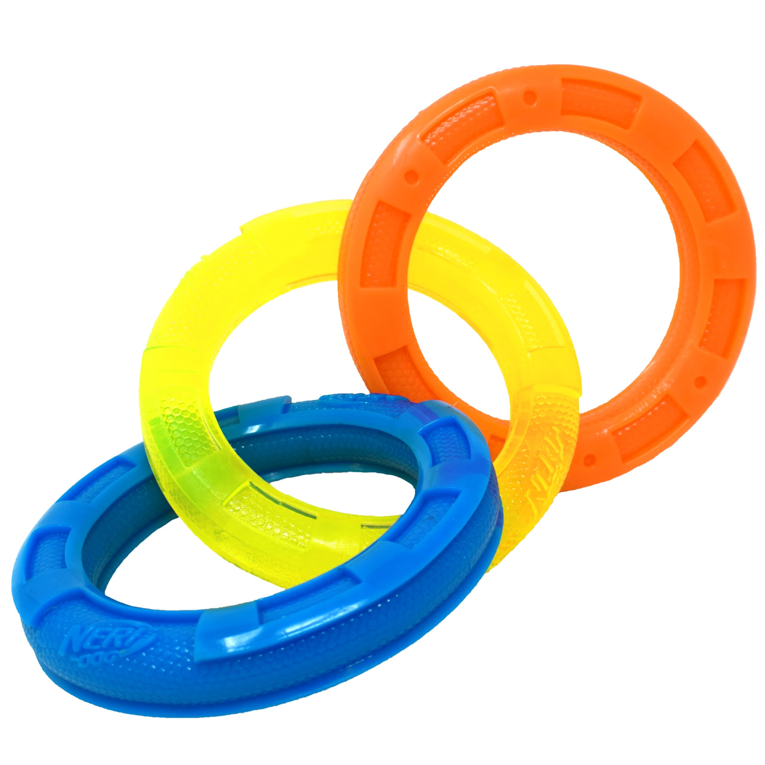 Nerf Dog Tug 3 anneaux bleu-vert-orange, parfait pour jeux interactifs prolongés