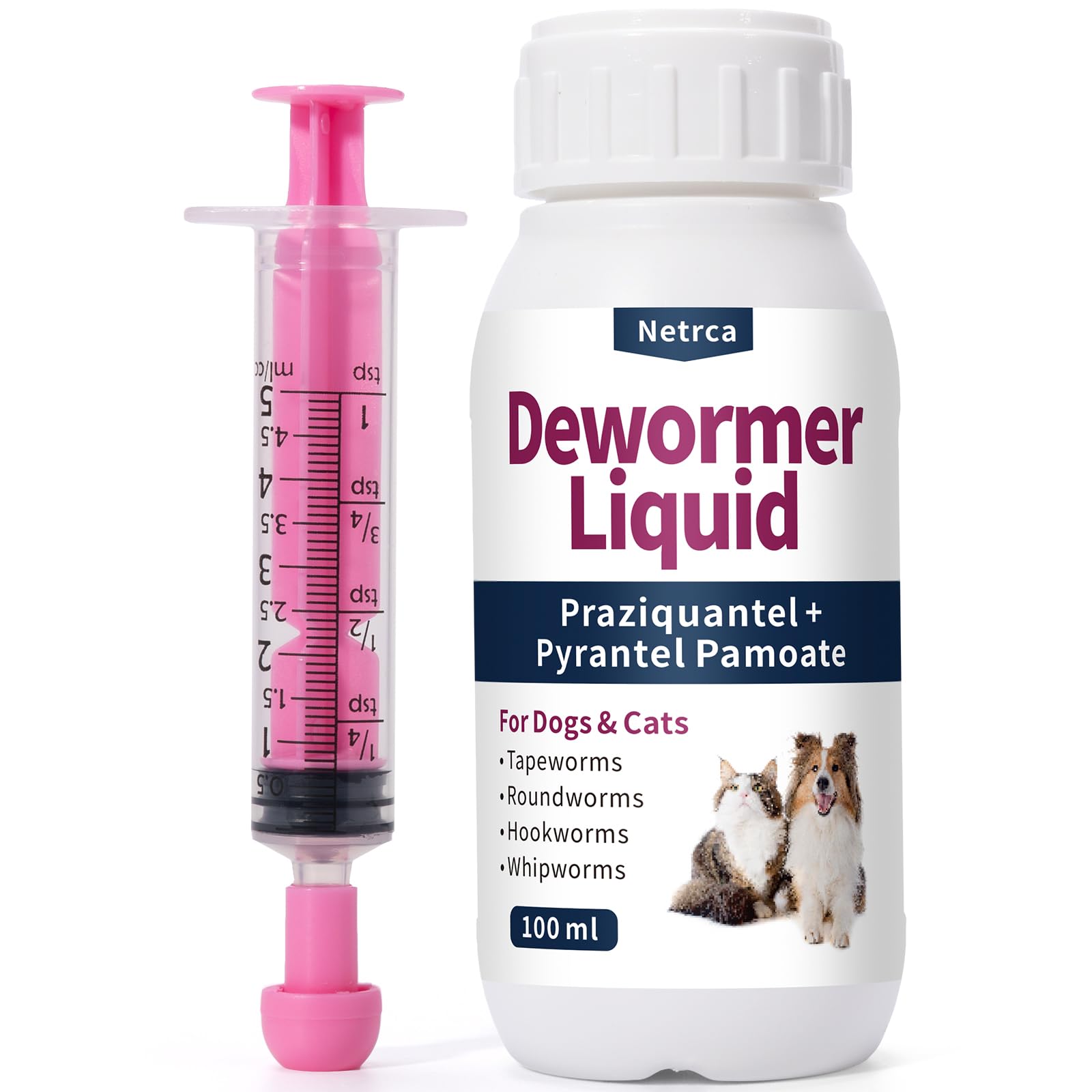 Flacon Netrca vermifuge liquide, administration facile pour chiens et chats.