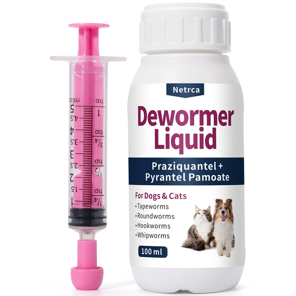 Flacon Netrca vermifuge liquide, administration facile pour chiens et chats.