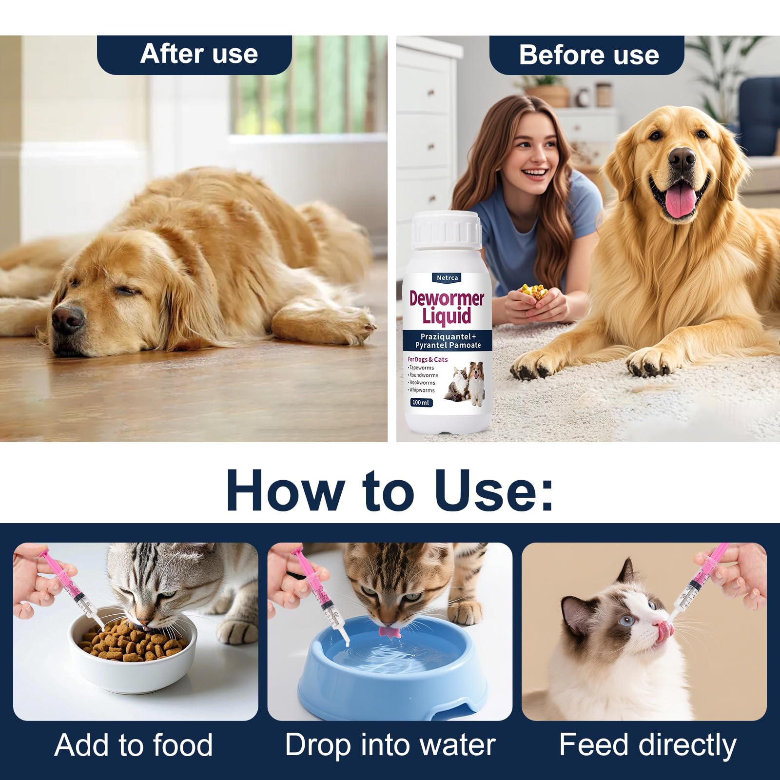 Usage domestique Netrca vermifuge liquide pour chiens et chats.