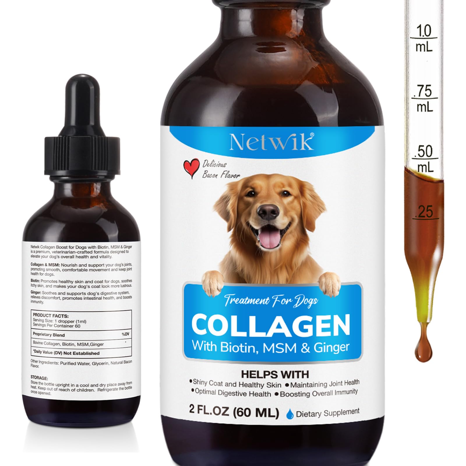 Netwik Collagène pour chien — bouteille pratique facilitant l'administration quotidienne pour peau et pelage.