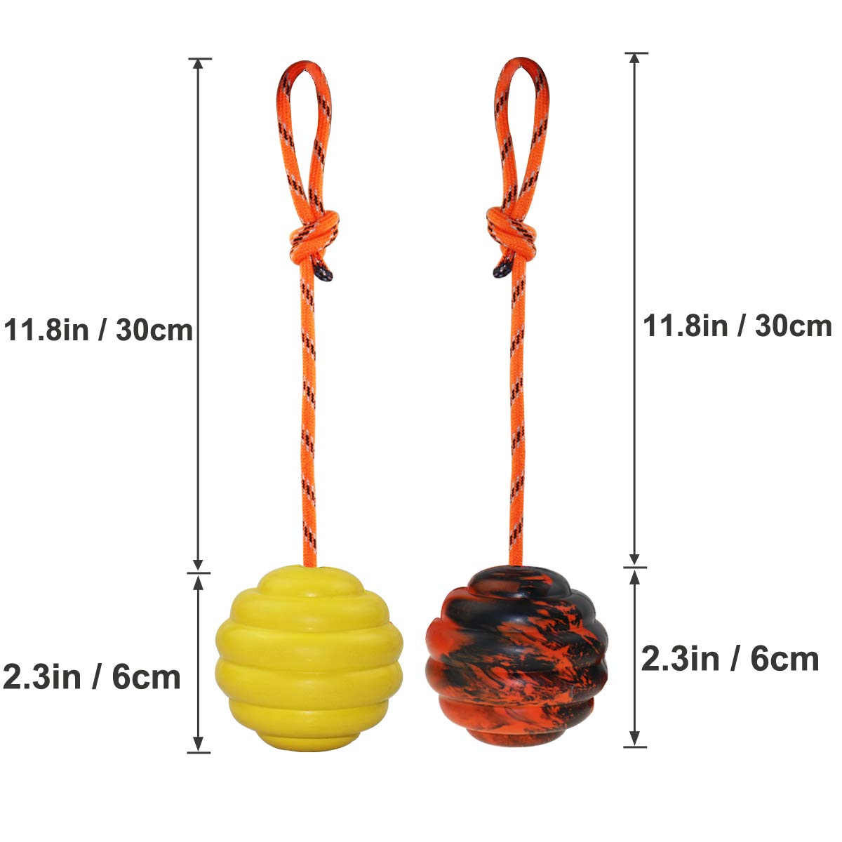 Balle Nevperish avec corde de 30 cm, visible et attrayante pour stimuler l’attention.