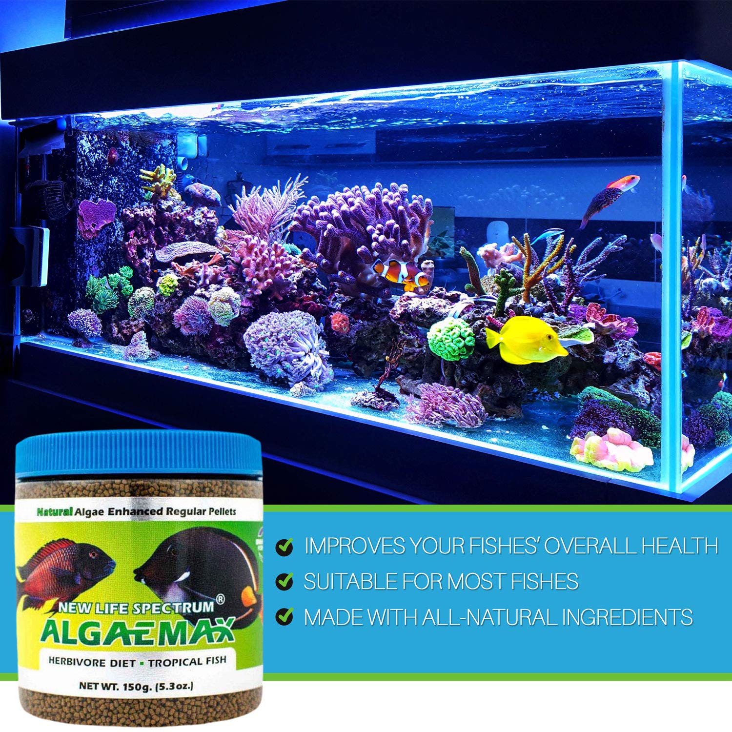 Granulés Algaemax de texture dense 1,5 mm prêt à nourrir les poissons.