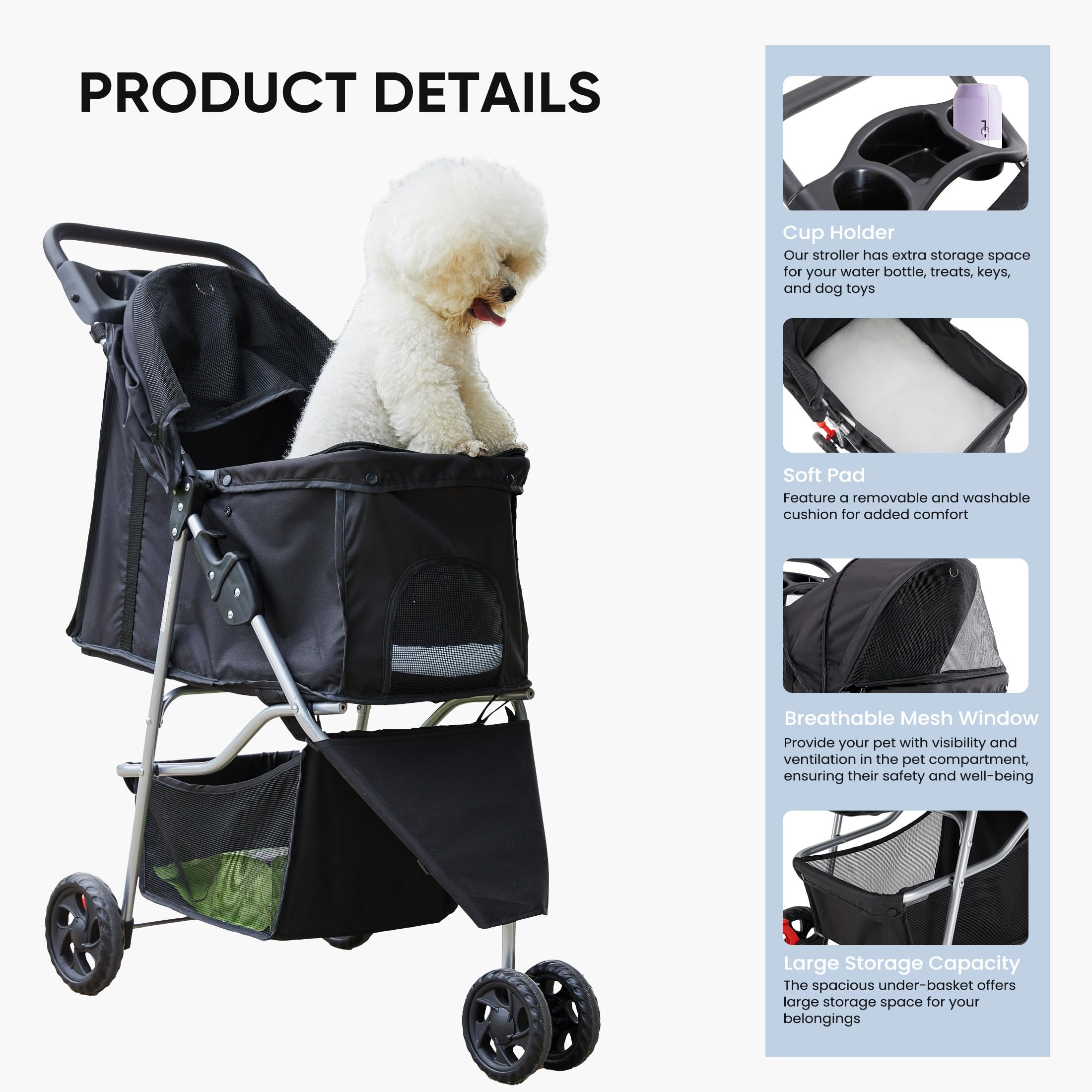 Poussette NEWBULIG avec panier et porte-gobelets pour rangement facile.