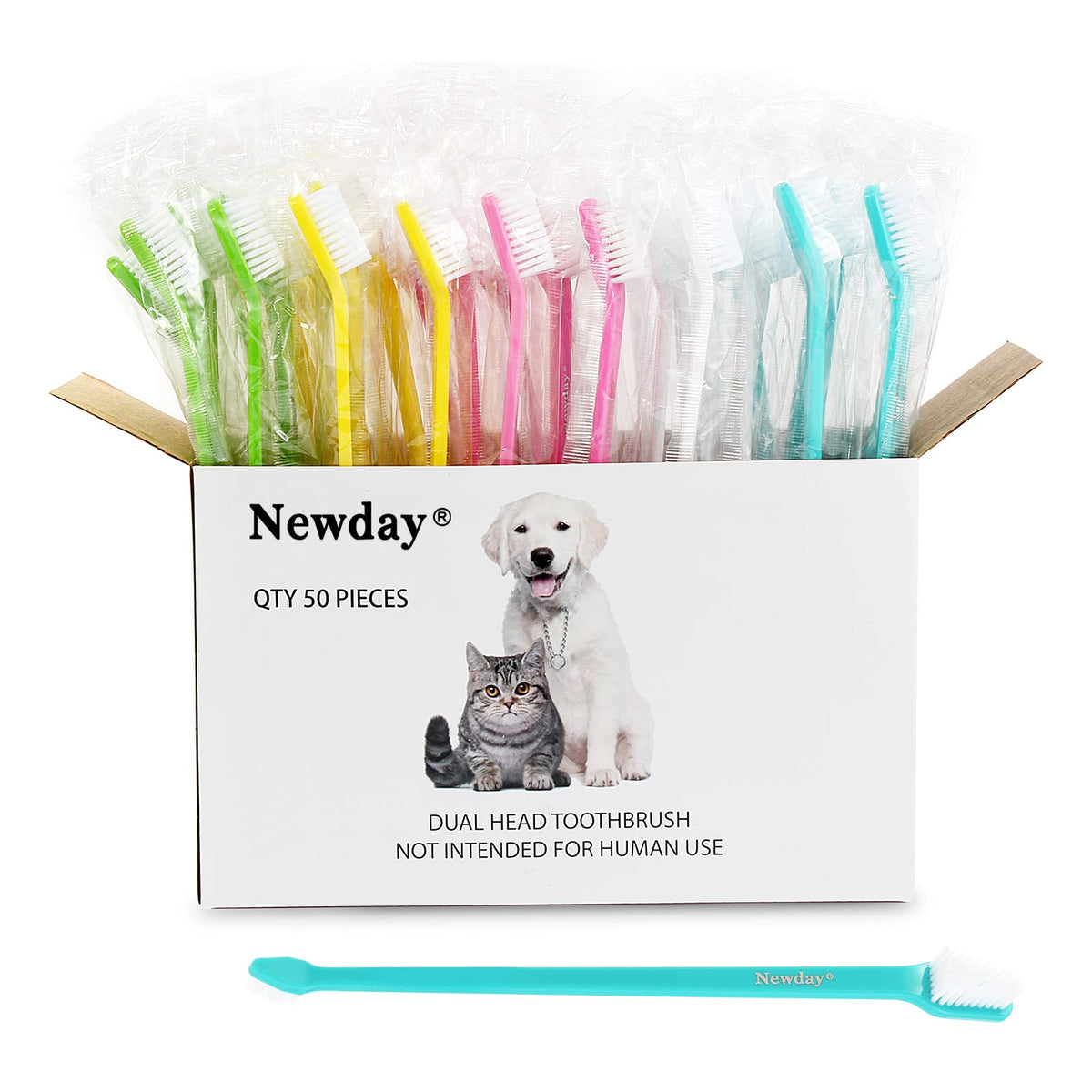 Newday 50-pack brosse dent double-face pour chiens et chats, nettoyage en profondeur