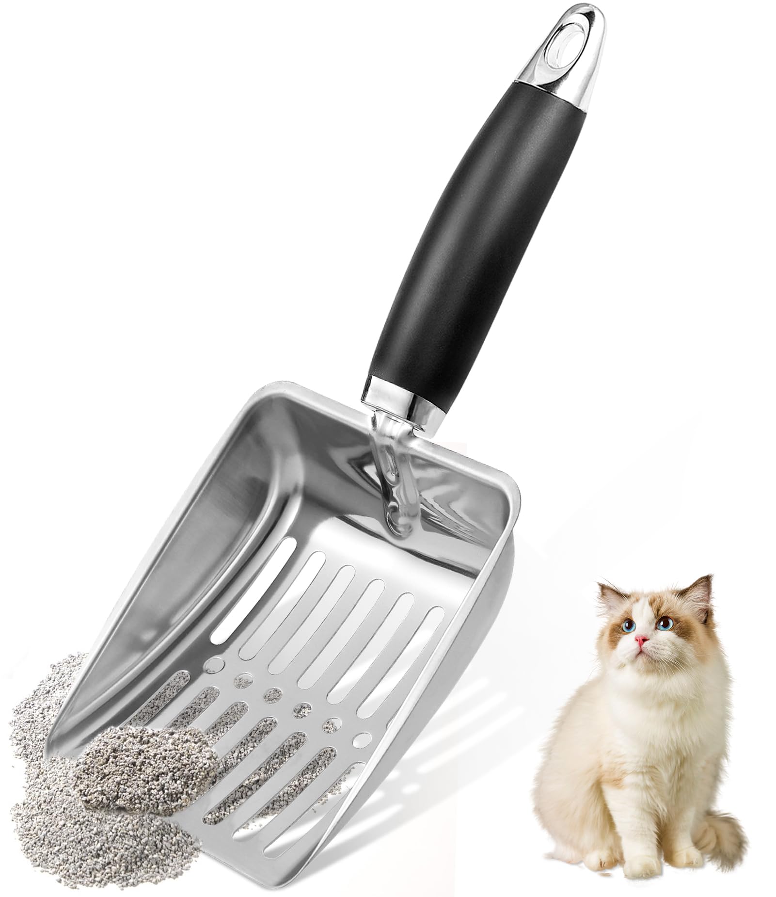 Pelle NewGF en inox ergonomique avec poignée confortable utilisée pour nettoyer la litière.
