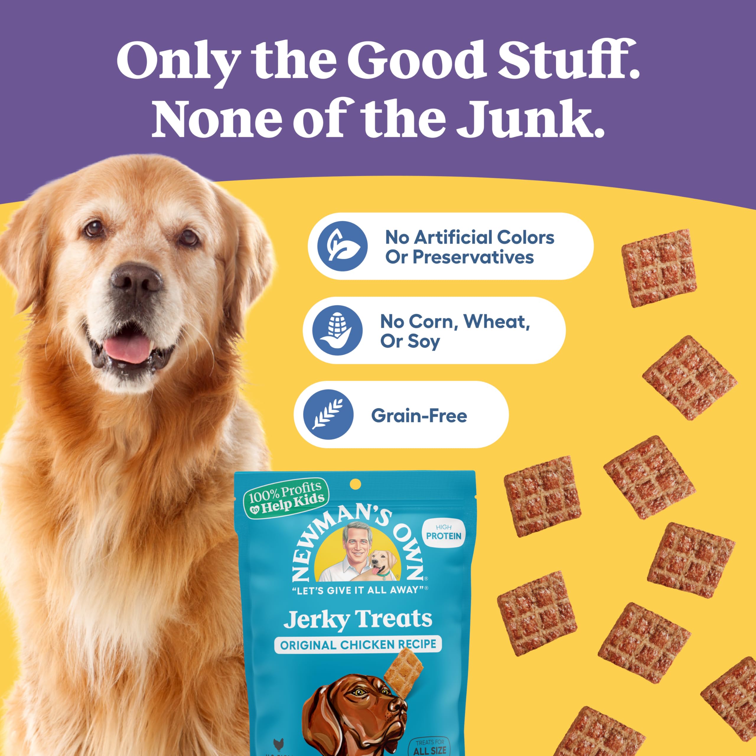 Newman's Own Chicken Jerky: premier ingrédient poulet américain, protéine naturelle pour chien.