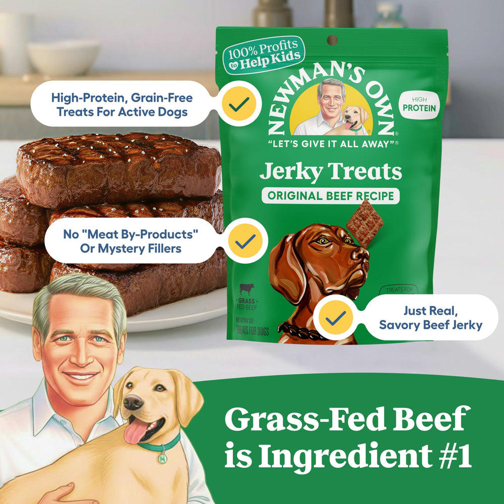 Jerky de bœuf Newman's Own sans céréales, récompense idéale pour l’entraînement.