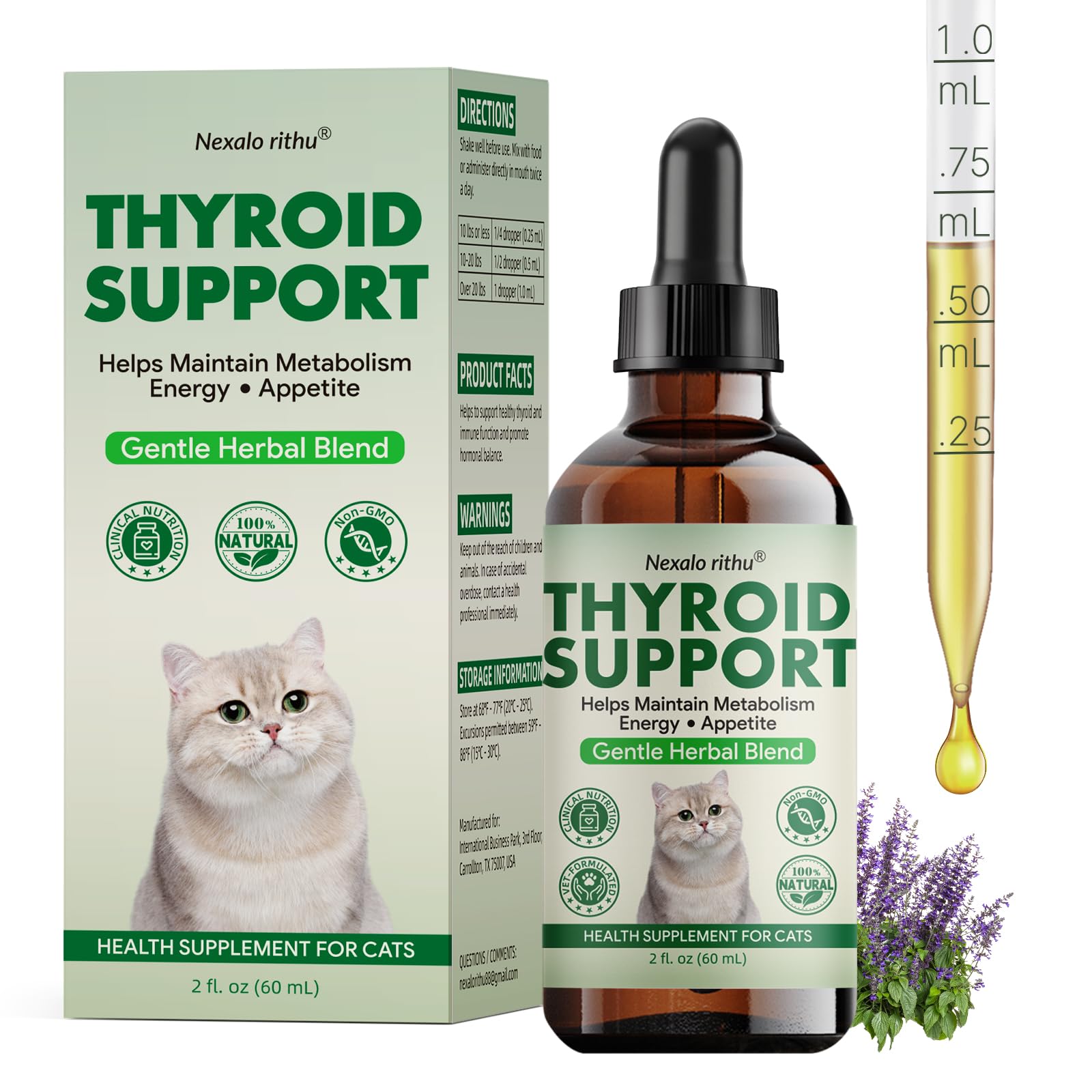 Nexalo rithu Soutien thyroïde pour chats – bouteille claire, soutien potentiel à l’équilibre thyroïdien.