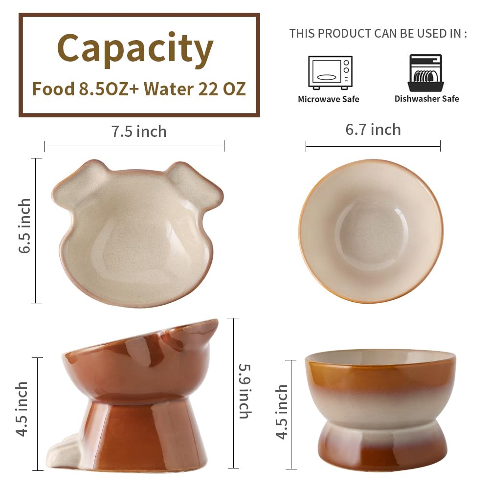 Nihow assiette eau chien élevée en céramique marron, réduit les éclaboussures pendant les repas.
