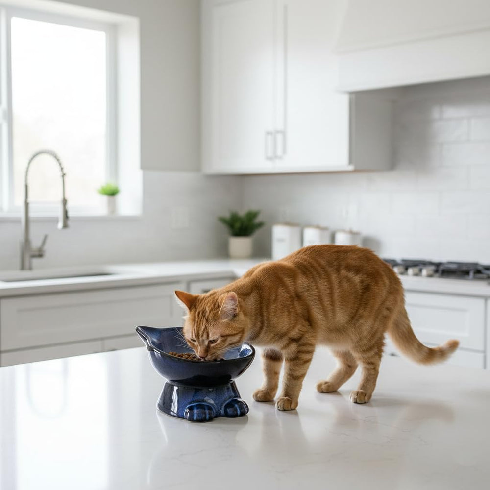 Nihow bol-chat design moderne bleu-noir, s’intègre facilement dans une cuisine élégante.