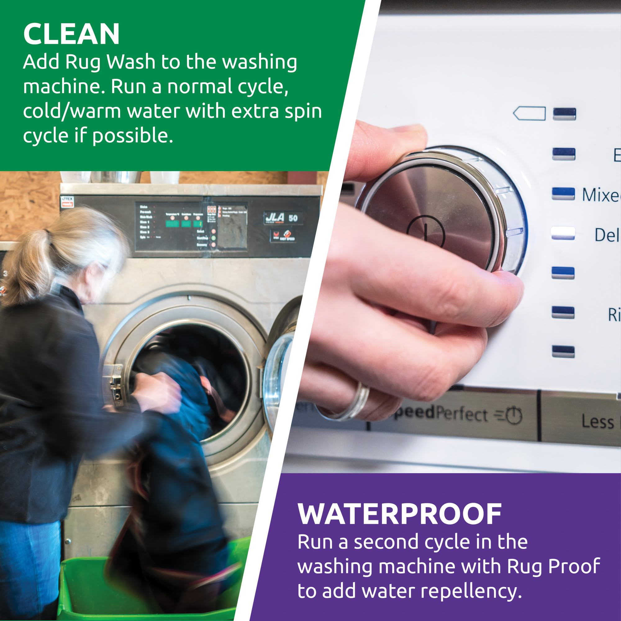 Étiquette Rug Proof indiquant PFAS-free et sécurité machine.