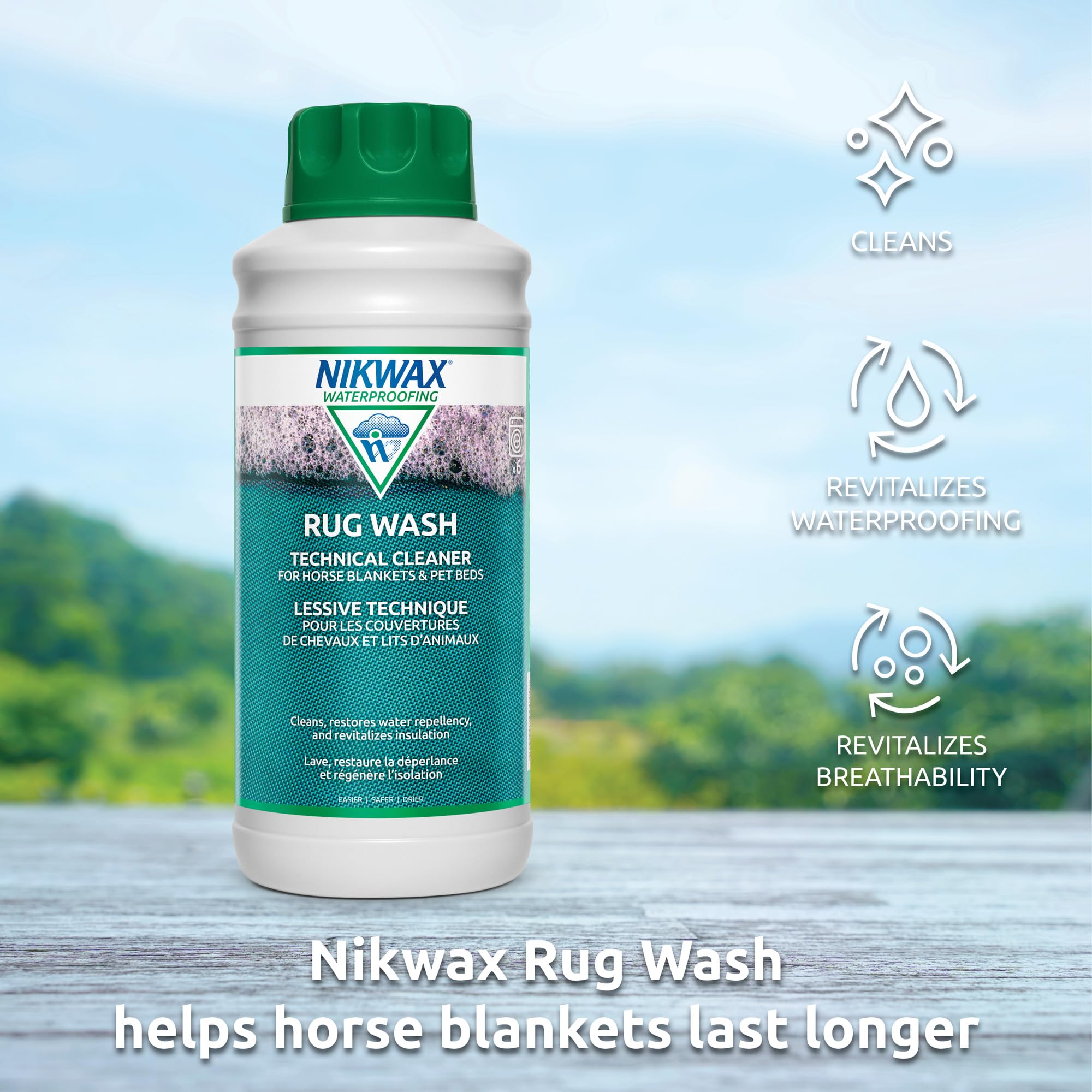 Nikwax Rug Wash utilisé sur un lit pour animaux après lavage.