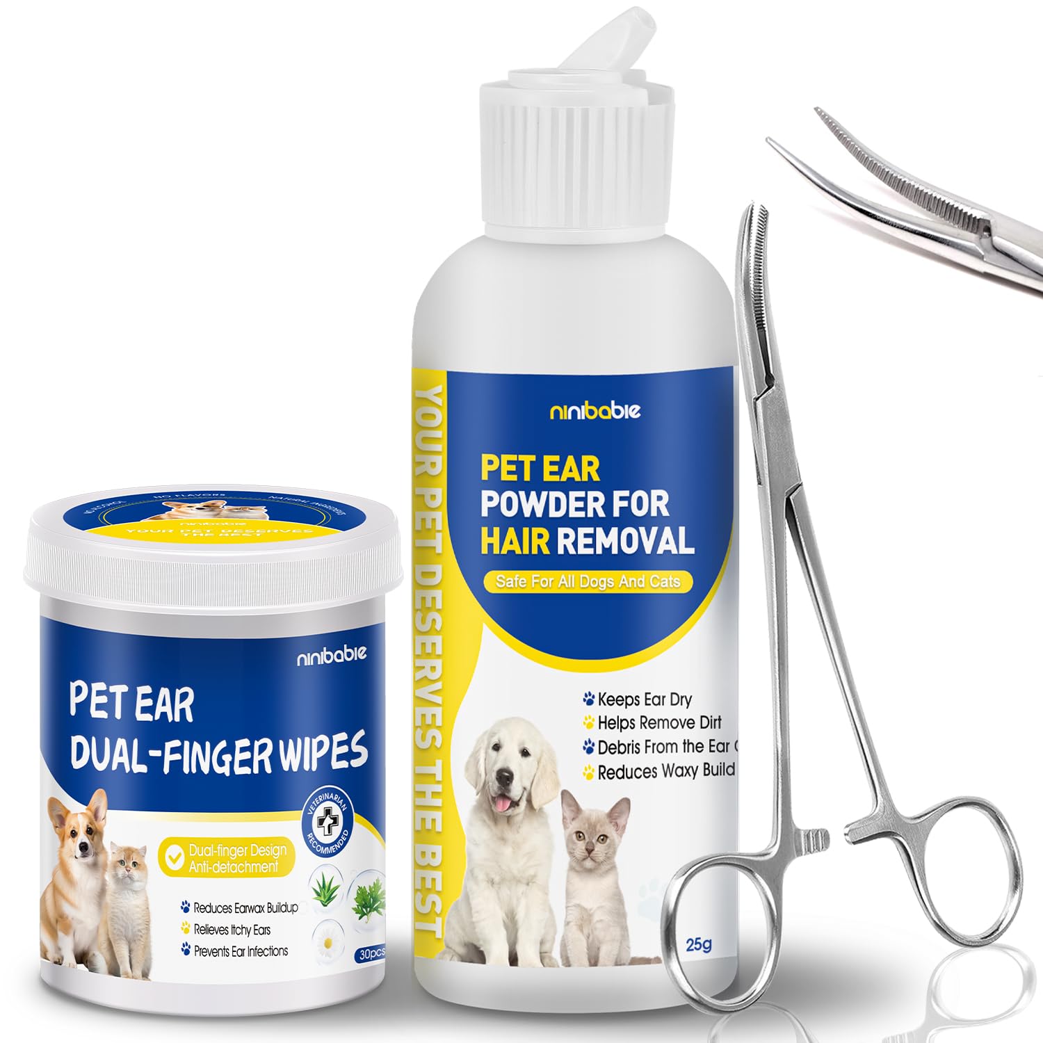 Ninibabie kit soin oreilles chien avec pince courbée pour un contrôle précis.