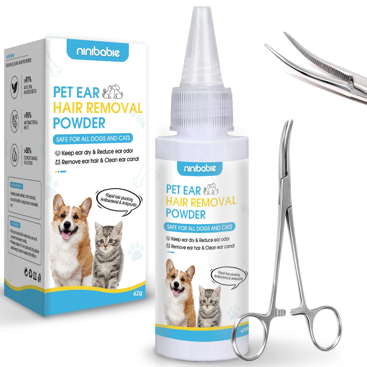 Ninibabie kit soin oreilles chien, poudre pour nettoyage et confort.