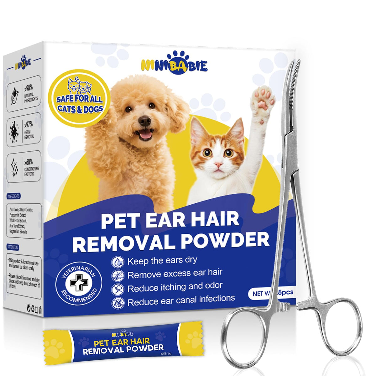 Ninibabie poudre-oreille-chien pour une application contrôlée et confortable.