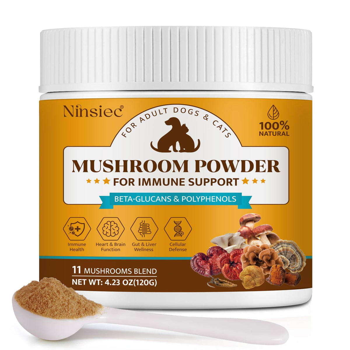 Poudre Ninsiec complexe champignons chiens et chats, soutient immunité et vitalité.