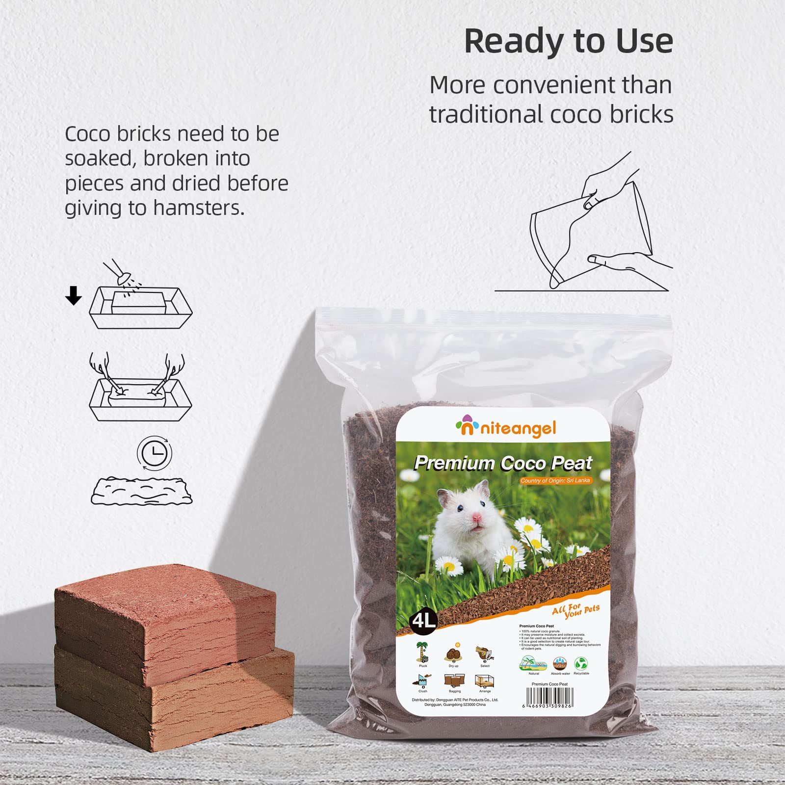 Niteangel Litière coco-cork, habitat confortable et sain pour petits animaux