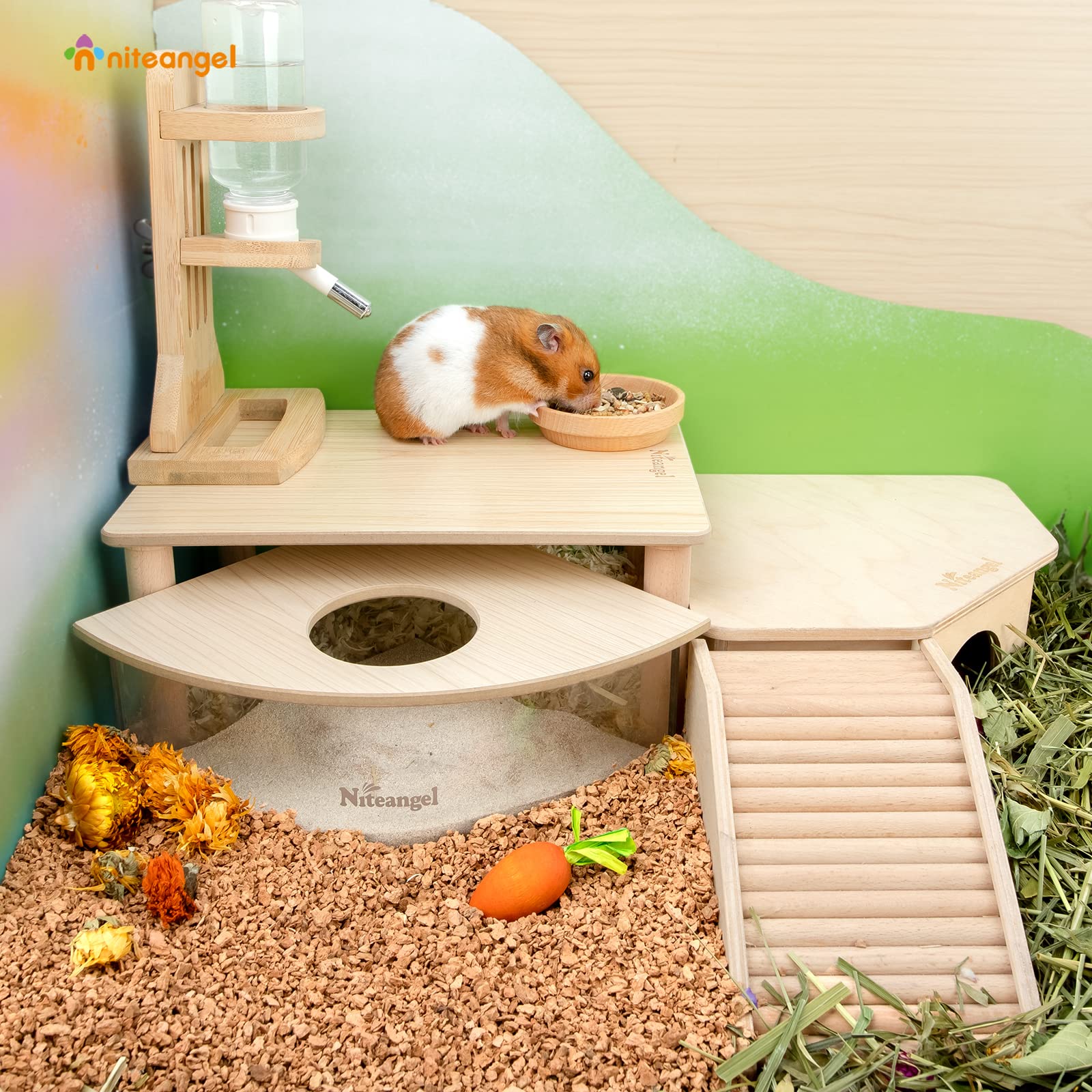 Niteangel plateforme en bois pour hamster, dimensions adaptées et accès pratique.