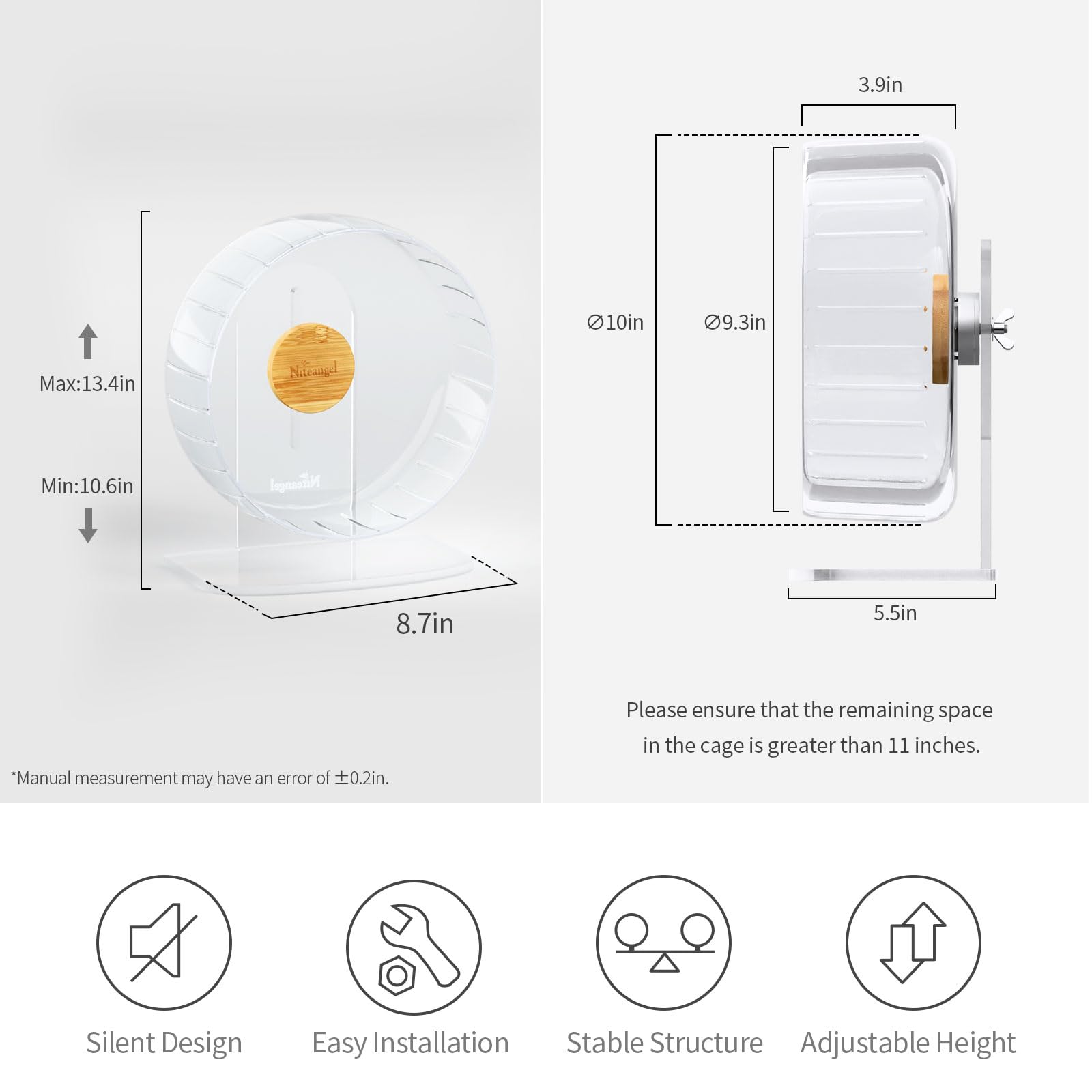 Roue hamster transparente Niteangel avec base reglable pour cage facile.