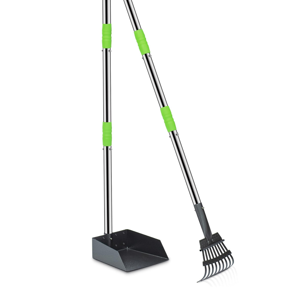 Niubya Pooper Scooper avec plateau et râteau, solution complète pour ramasser les déjections canines dans le jardin.